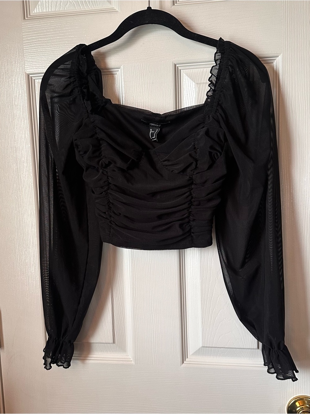 Forever 21 Black Ruched Blouse with Sheer Sleeves
